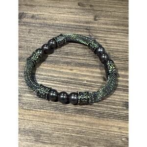 Silver Black Beaded Elastic Bracelet With Chic Charms